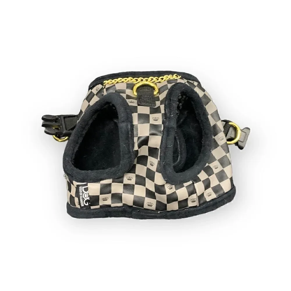DOG Checkered Dog Harness, white, black, and gold